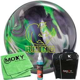 Brunswick Rhino Carbon/Lime/Silver Pearl Bowling Ball  | Moxy Strike Black Bowling Bag | Moxy Grey Micro Fiber Towel | Moxy Xtreme Power Cleaner Package