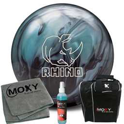 Brunswick Rhino Metallic Blue/Black Bowling Ball  | Moxy Strike Black Bowling Bag | Moxy Grey Micro Fiber Towel | Moxy Xtreme Power Cleaner Package