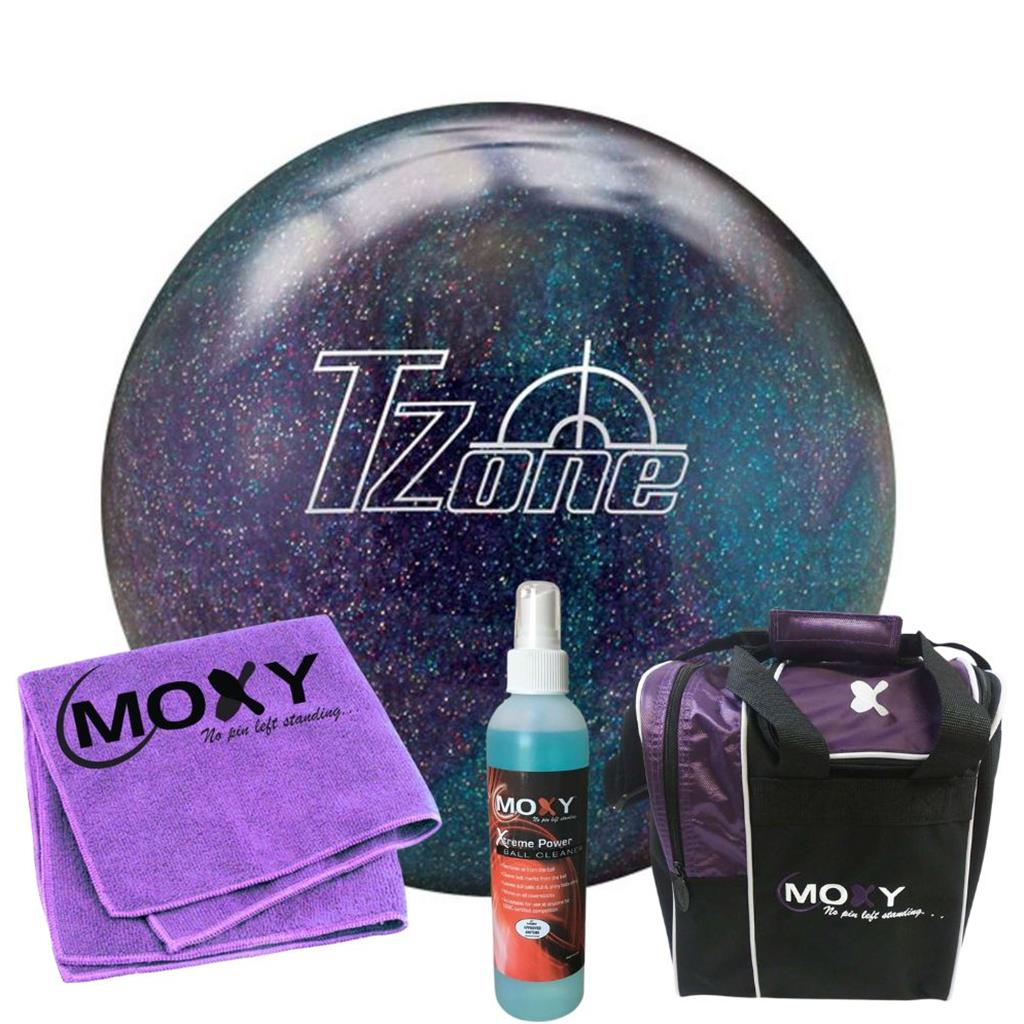 Brunswick T-Zone Deep Space Bowling Ball  | Moxy Strike Purple Bowling Bag | Moxy Purple Micro Fiber Towel | Moxy Xtreme Power Cleaner Package