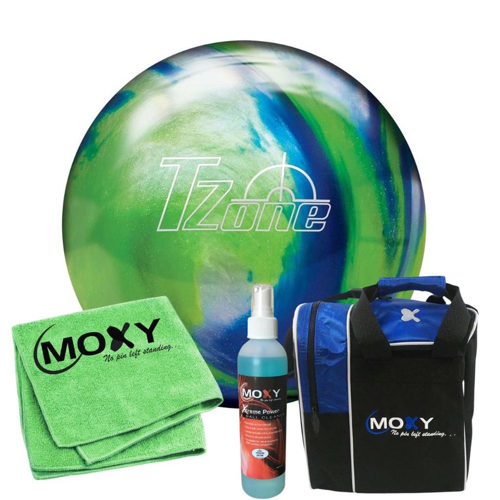 Brunswick T-Zone Ocean Reef Bowling Ball  | Moxy Strike Royal Bowling Bag | Moxy Green Micro Fiber Towel | Moxy Xtreme Power Cleaner Package 