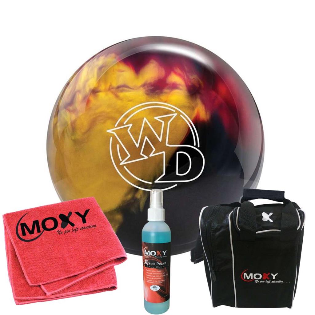 Columbia 300 White Dot Scarlet/Gold/Black Bowling Ball  | Moxy Strike Black Bowling Bag | Moxy Red Micro Fiber Towel | Moxy Xtreme Power Cleaner Package 