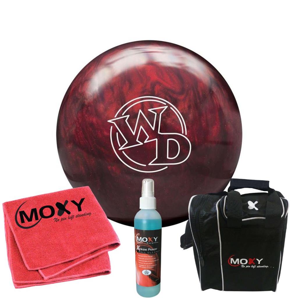 Columbia 300 White Dot Scarlet Bowling Ball  | Moxy Strike Black Bowling Bag | Moxy Red Micro Fiber Towel | Moxy Xtreme Power Cleaner Package