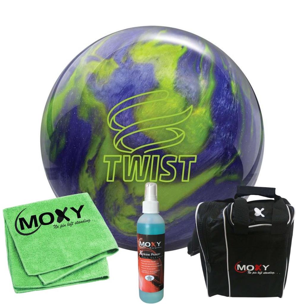 Brunswick Twist Lavender/Lime Bowling Ball  | Moxy Strike Black Bowling Bag | Moxy Green Micro Fiber Towel | Moxy Xtreme Power Cleaner Package 