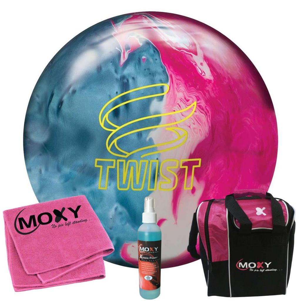 Brunswick Twist Sky Blue/Pink Snow Bowling Ball  | Moxy Strike Pink Bowling Bag | Moxy Pink Micro Fiber Towel | Moxy Xtreme Power Cleaner Package 