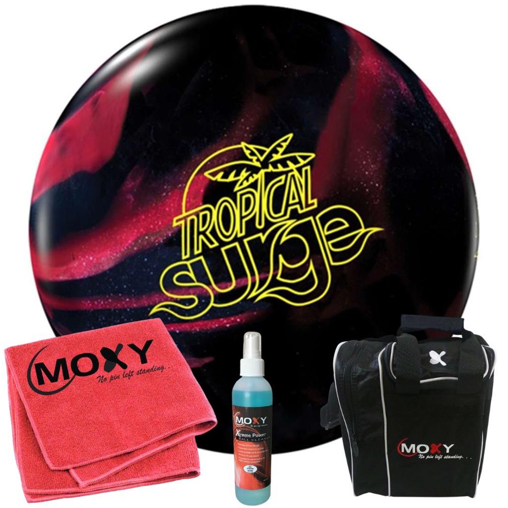 Storm Tropical Surge Black/Cherry Bowling Ball | Moxy Strike Black Bowling Bag | Moxy Red Micro Fiber Towel | Moxy Xtreme Power Cleaner Package 