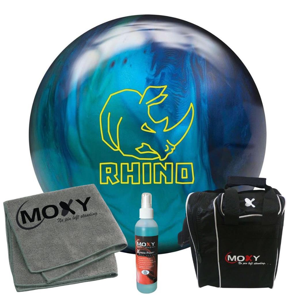 Brunswick Rhino Cobalt/Aqua/Teal Pearl Bowling Ball  | Moxy Strike Black Bowling Bag | Moxy Grey Micro Fiber Towel | Moxy Xtreme Power Cleaner Package