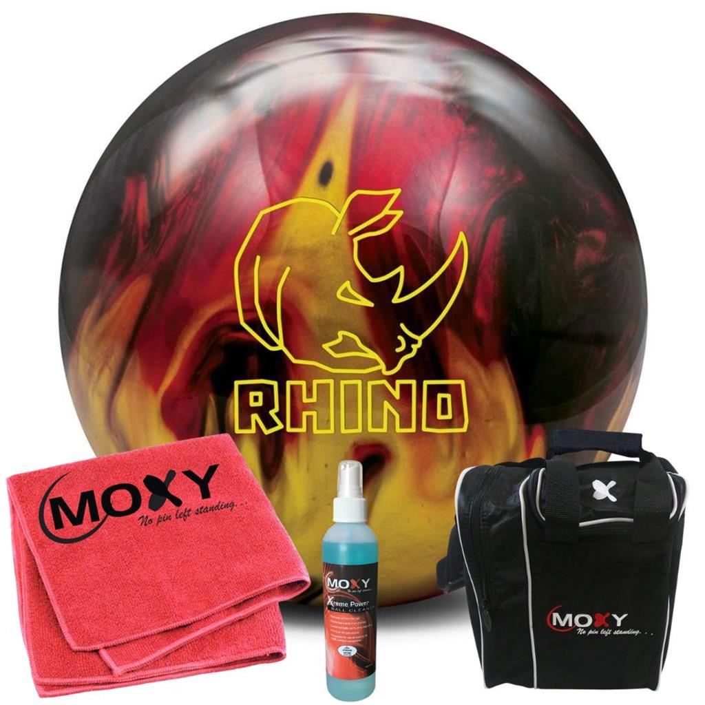 Brunswick Rhino Red/Black/Gold Pearl Bowling Ball  | Moxy Strike Black Bowling Bag | Moxy Red Micro Fiber Towel | Moxy Xtreme Power Cleaner Package