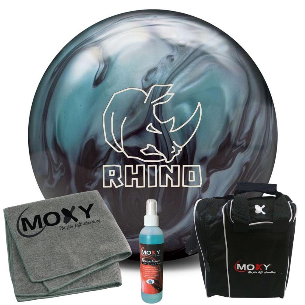 Brunswick Rhino Metallic Blue/Black Bowling Ball  | Moxy Strike Black Bowling Bag | Moxy Grey Micro Fiber Towel | Moxy Xtreme Power Cleaner Package